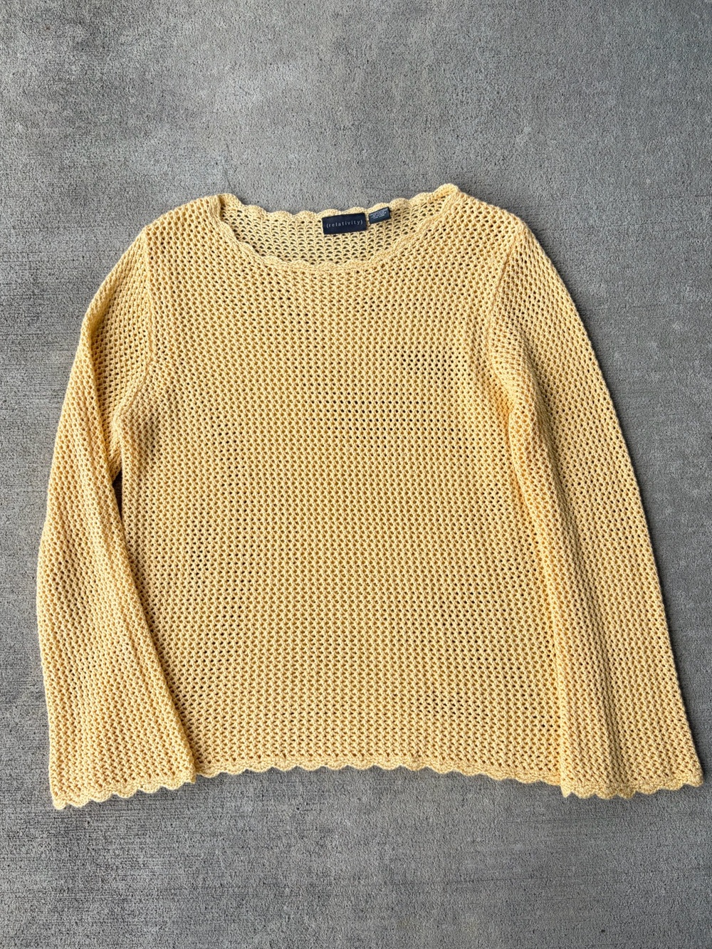 Vintage 90s relativity yellow crochet knit scalloped sweater jumper bohemian
